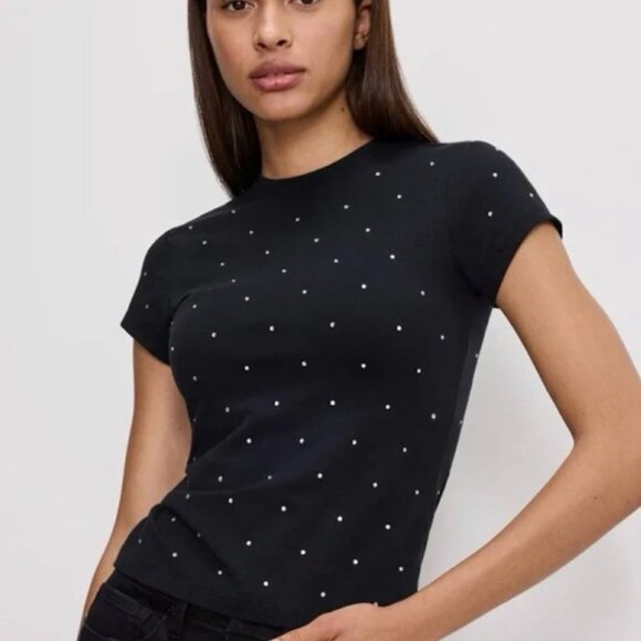 GOOD AMERICAN Crystal Embellished Stretch Cotton Baby Tee,  Black S NWT - Picture 1 of 12